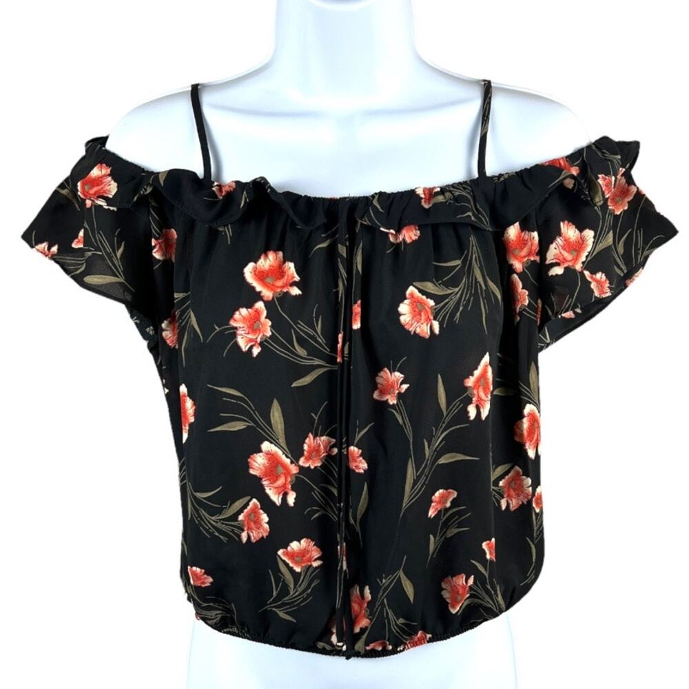 Sienna Sky Blouse Top Black Floral Print Cold Shoulder Ruffle NEW Women's Medium